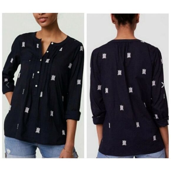 Ann Taylor Loft Softened Navy White Embroidered Turtles Size Large - Picture 1 of 6
